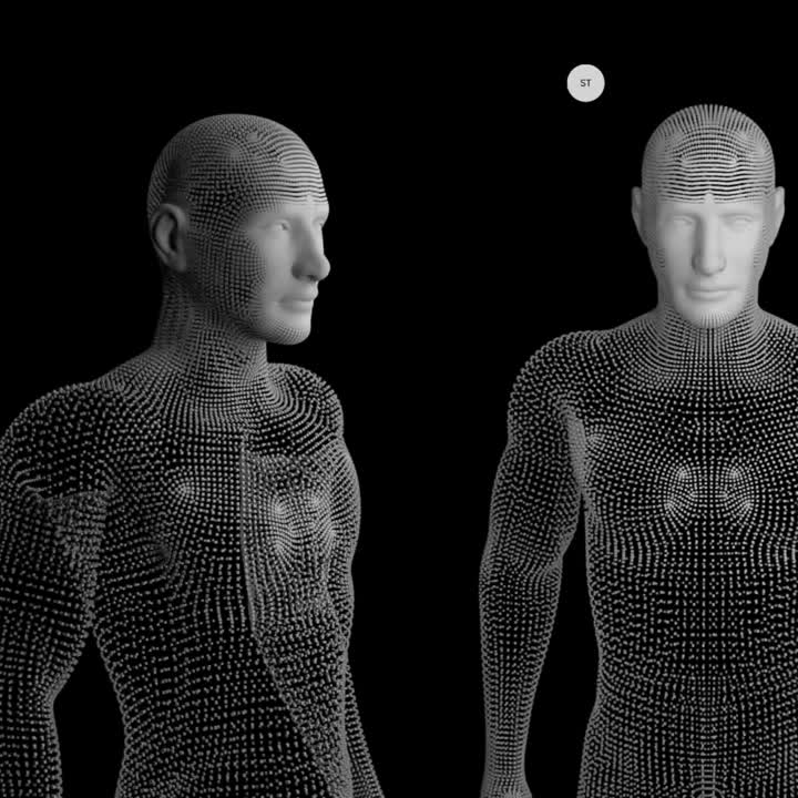 Two human figures represented as dense fields of data points