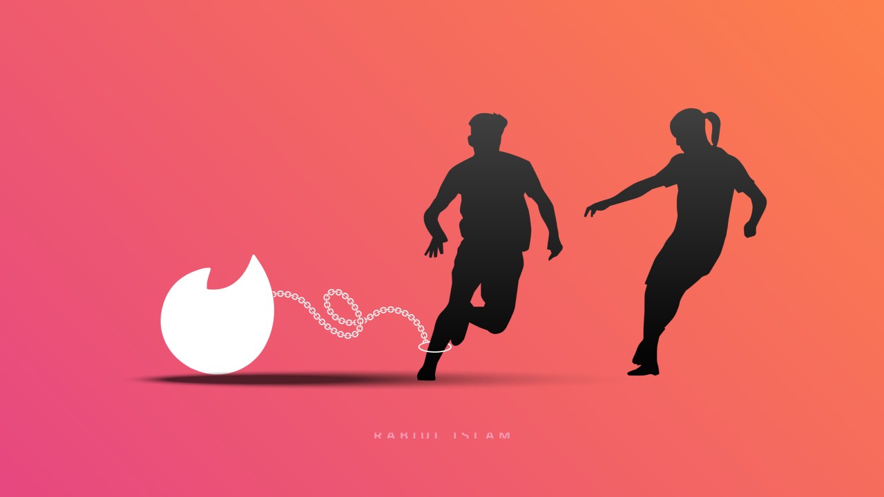 Two people running away from a broken dating-app symbol