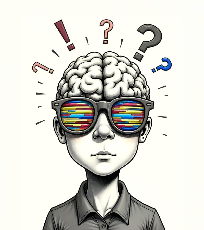 Illustration of a questioning mind wearing colourful glasses