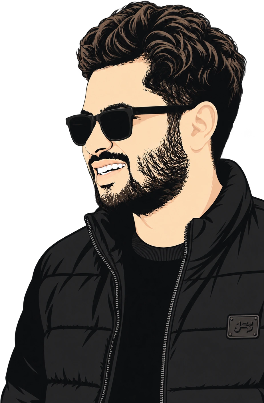 An illustrated portrait of Rabi in a black jacket and sunglasses