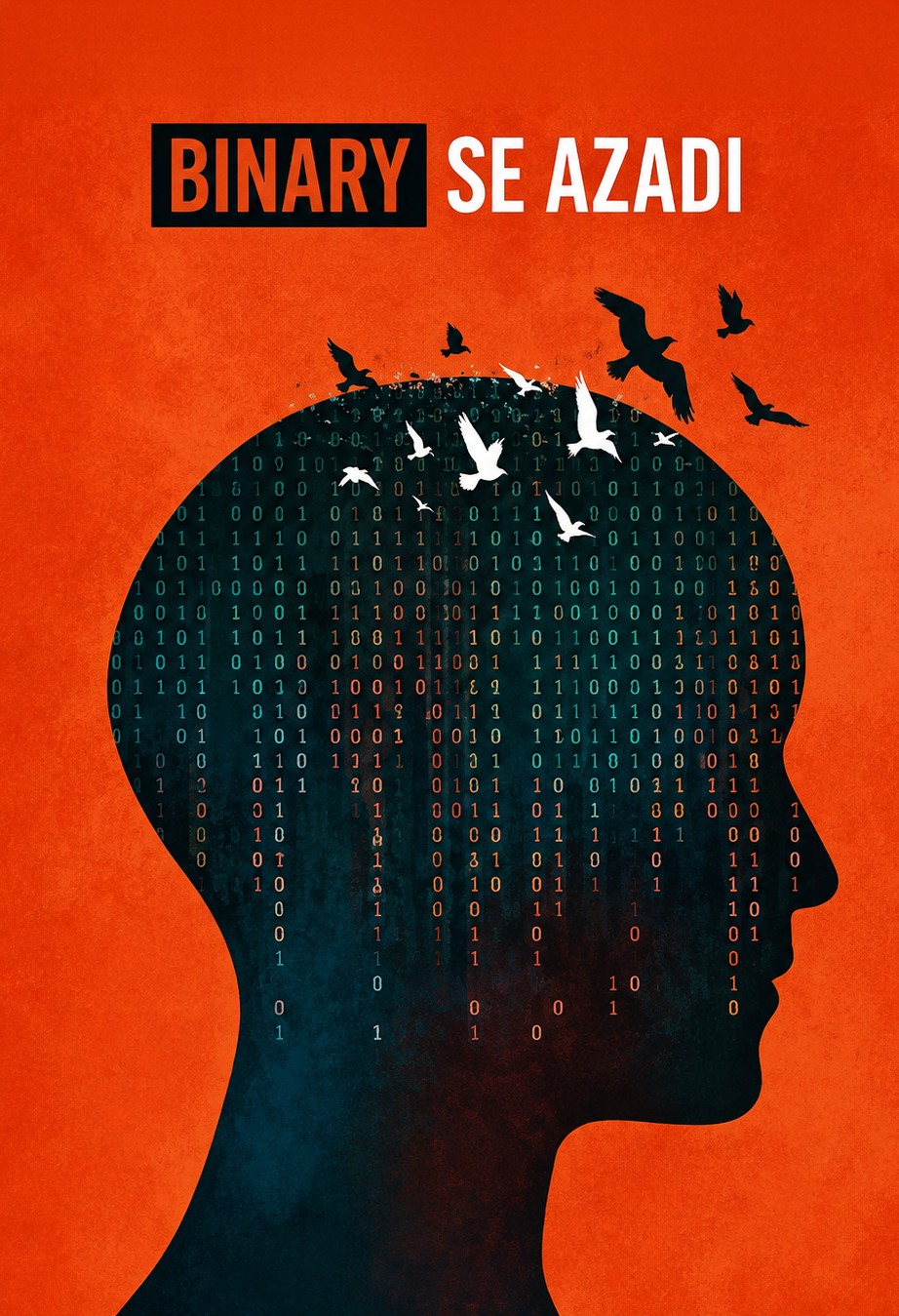 Birds escape from binary code inside a human silhouette beneath the words Binary Se Azadi