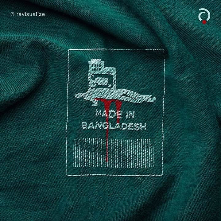 A Made in Bangladesh garment label depicts the Rana Plaza building with a red thread hanging below it