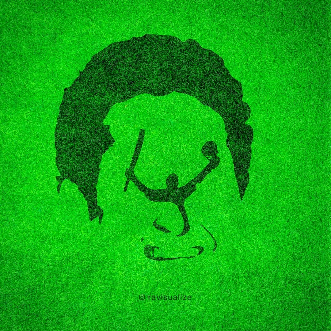 A portrait of Sachin Tendulkar formed from the texture of a cricket field