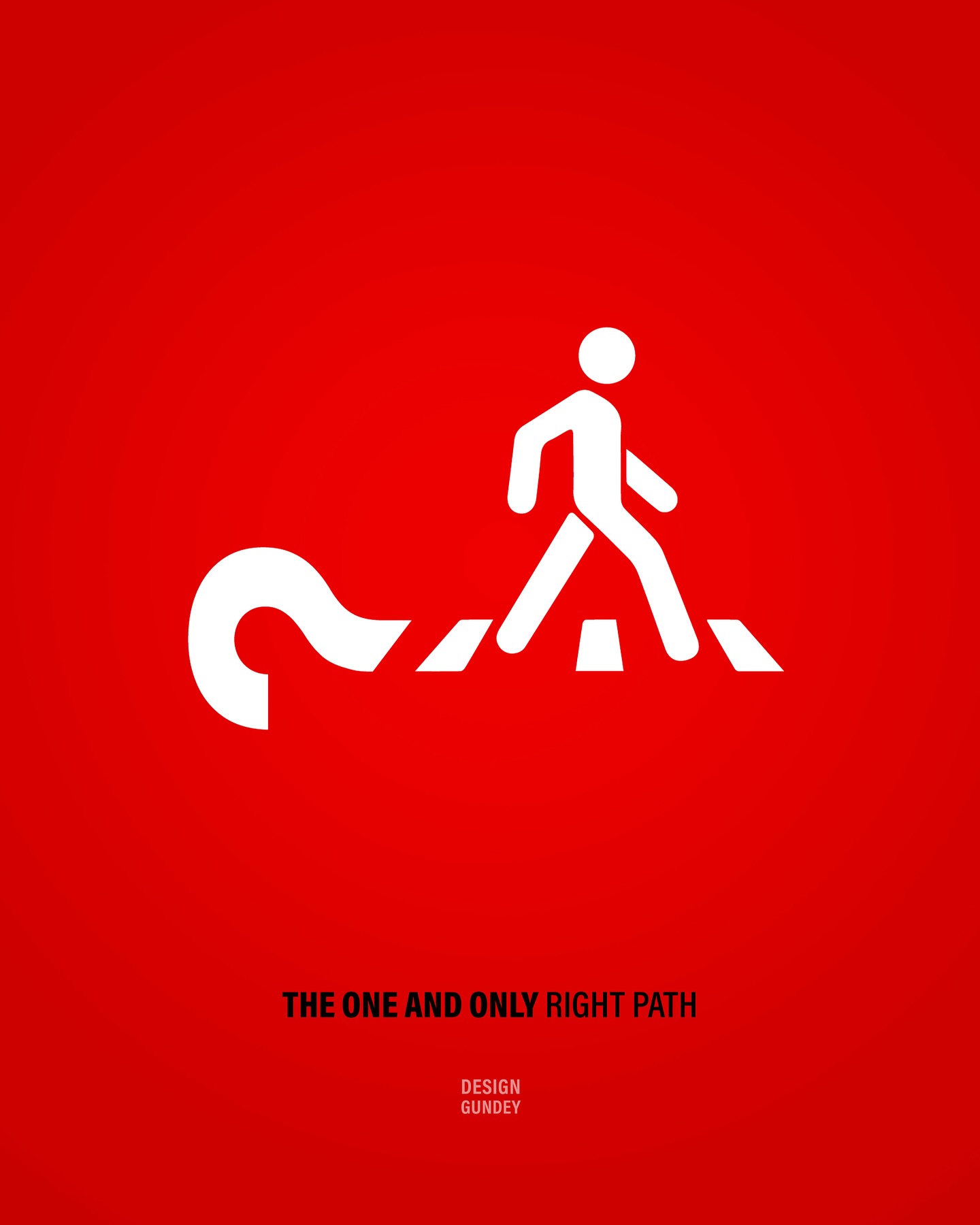 A walking figure follows a road shaped from a large question mark on a red background