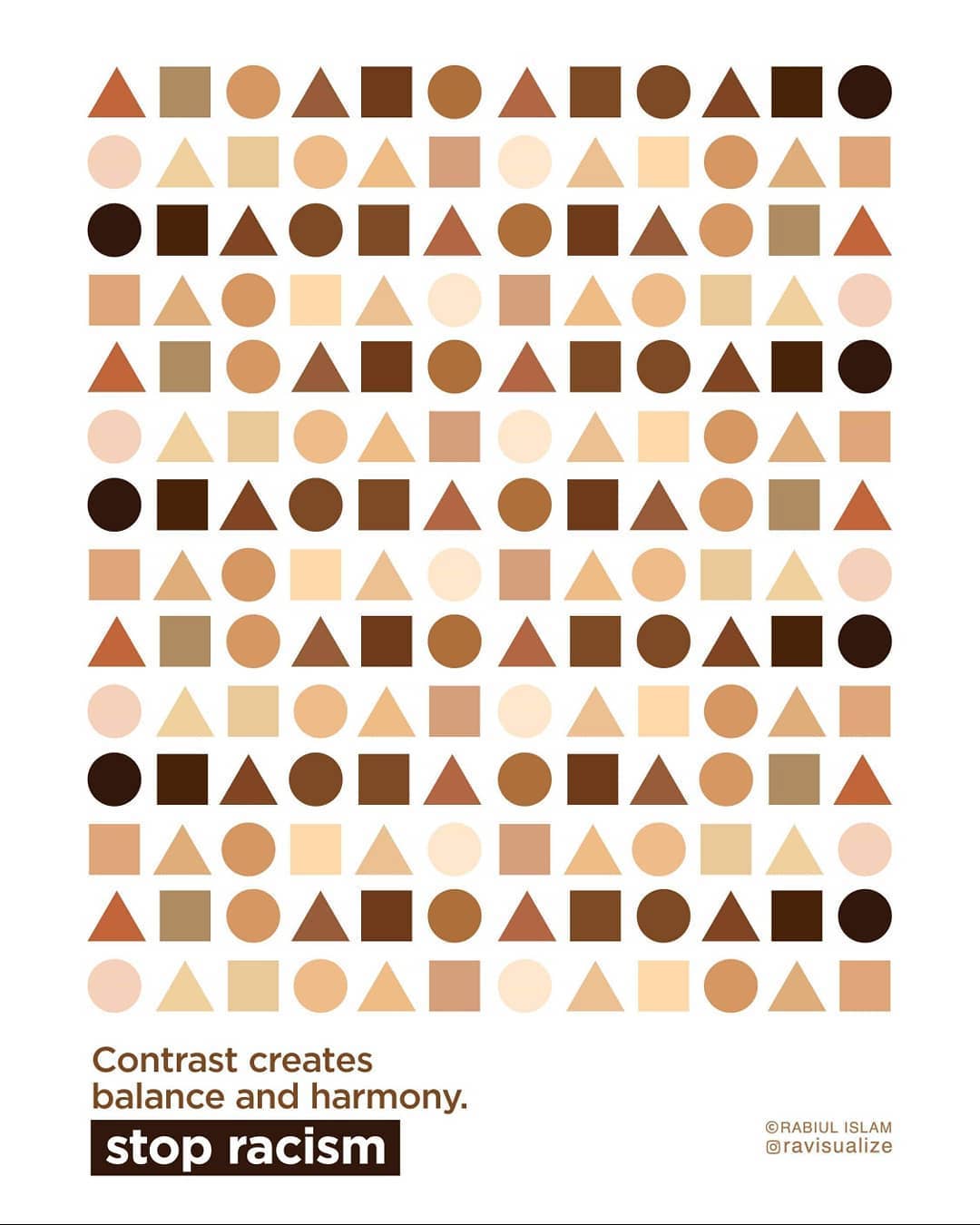 Rows of varied geometric shapes and skin tones above the message Contrast creates balance and harmony, stop racism