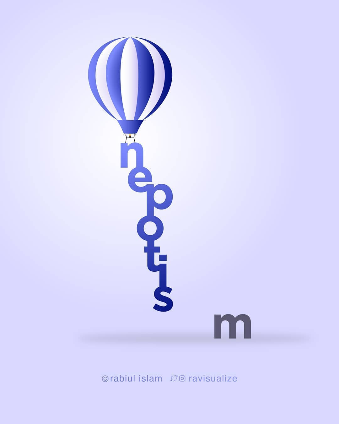 The word nepotism hangs from a striped balloon while its final letter remains grounded