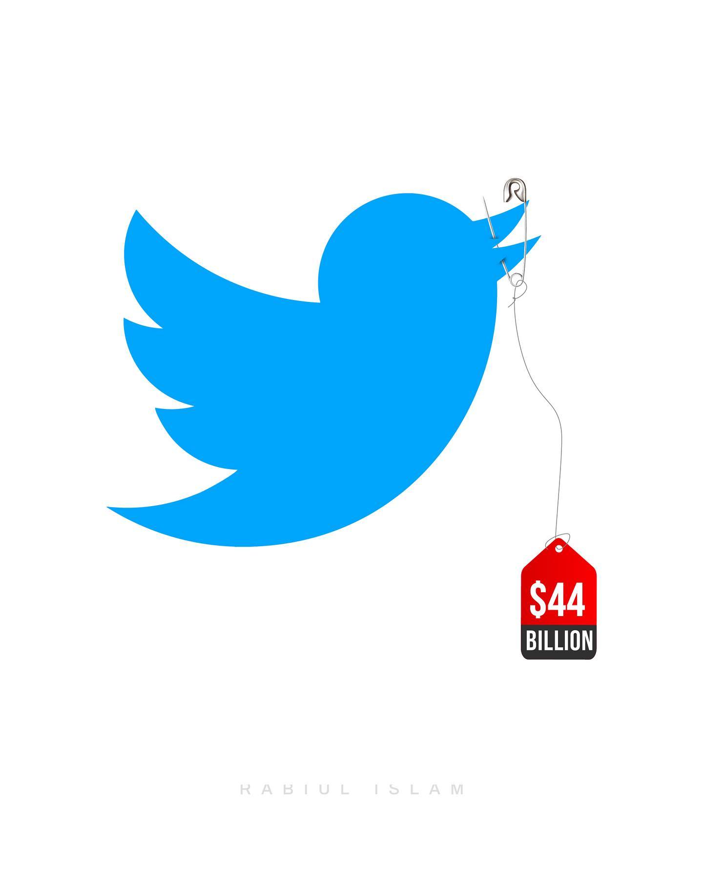 The Twitter bird is held shut by safety pins and carries a 44 billion dollar price tag