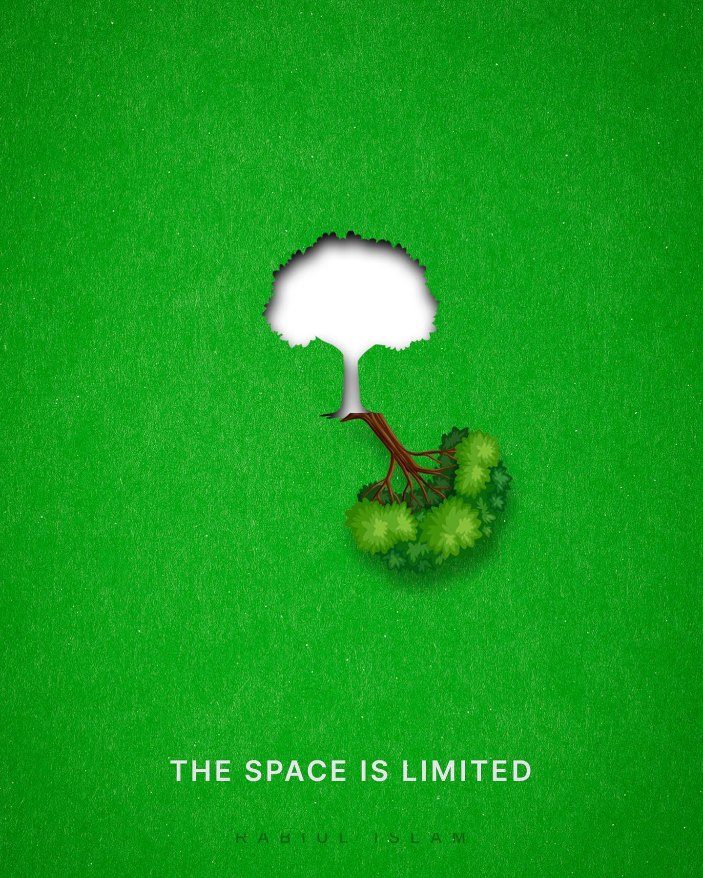 A small displaced tree attempts to fill a larger tree-shaped opening in a green surface