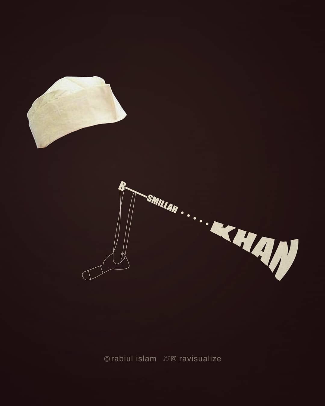 A minimal portrait of Bismillah Khan formed with his cap, name and shehnai