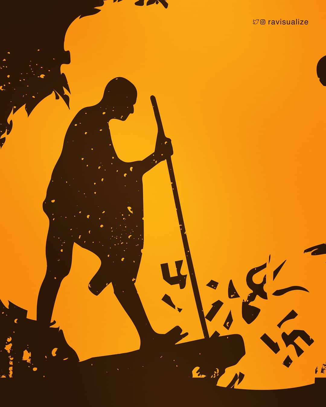 A silhouette of Mahatma Gandhi sweeps fragments of fascist symbols away with his walking staff