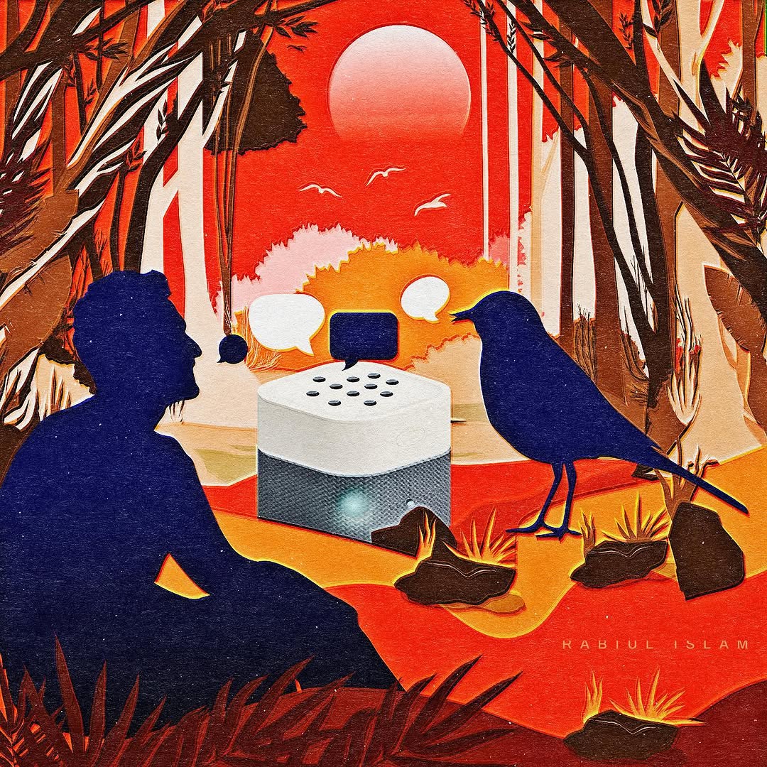 A person and a bird converse through a smart speaker in a vivid red forest
