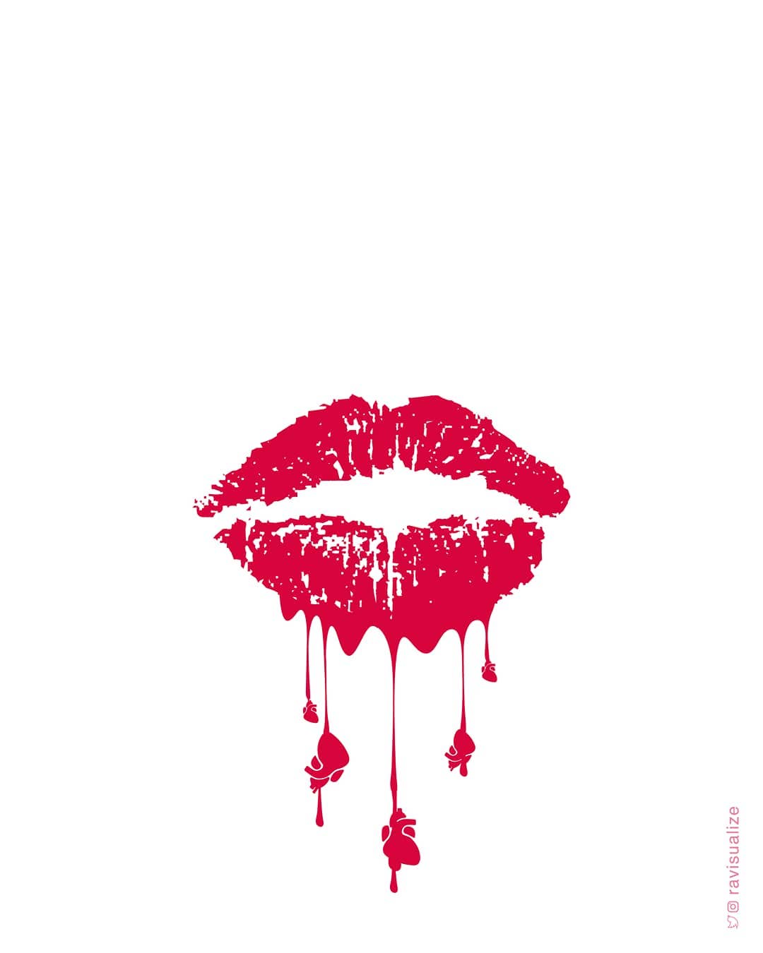 A red kiss mark dissolves into dripping human figures on a white background
