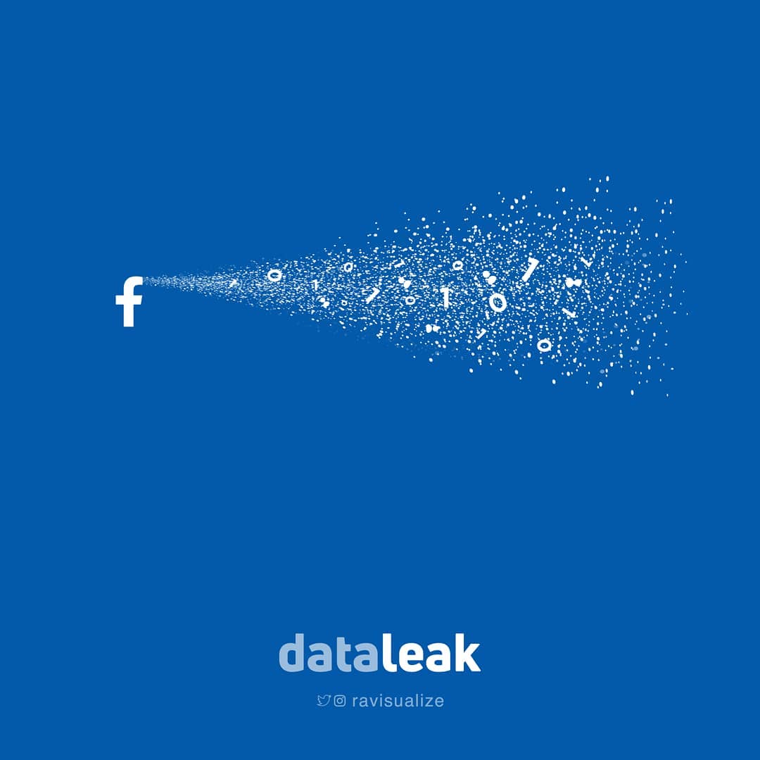 The Facebook symbol dissolves into scattered fragments of data on a blue background