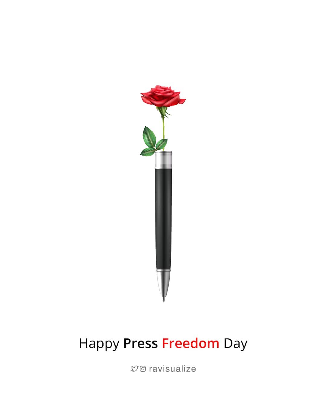 A red rose grows from the top of a black pen above the words Happy Press Freedom Day