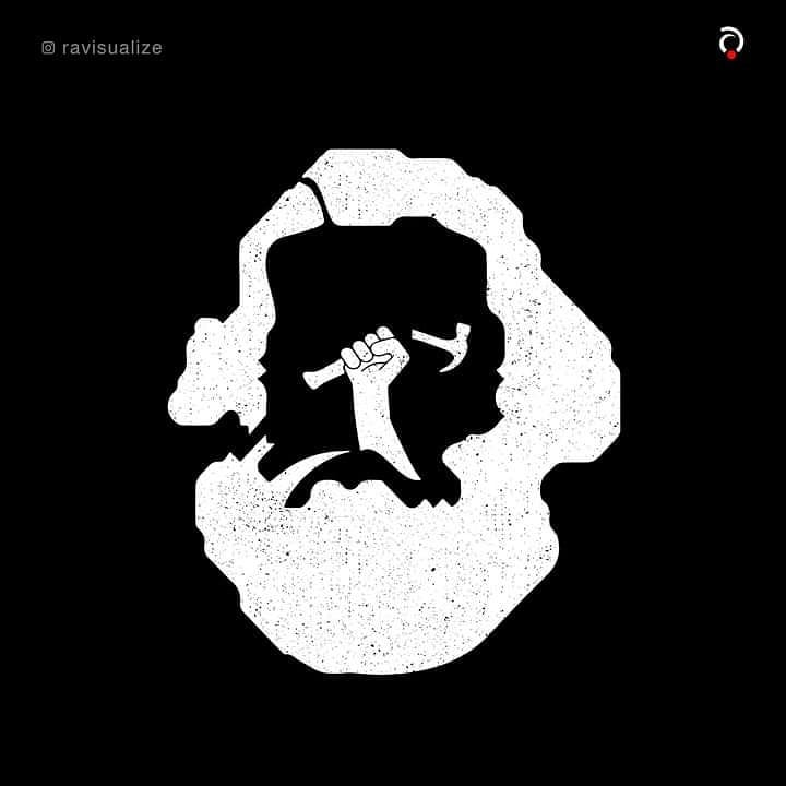 A raised fist holding a hammer appears within a black and white portrait of Karl Marx