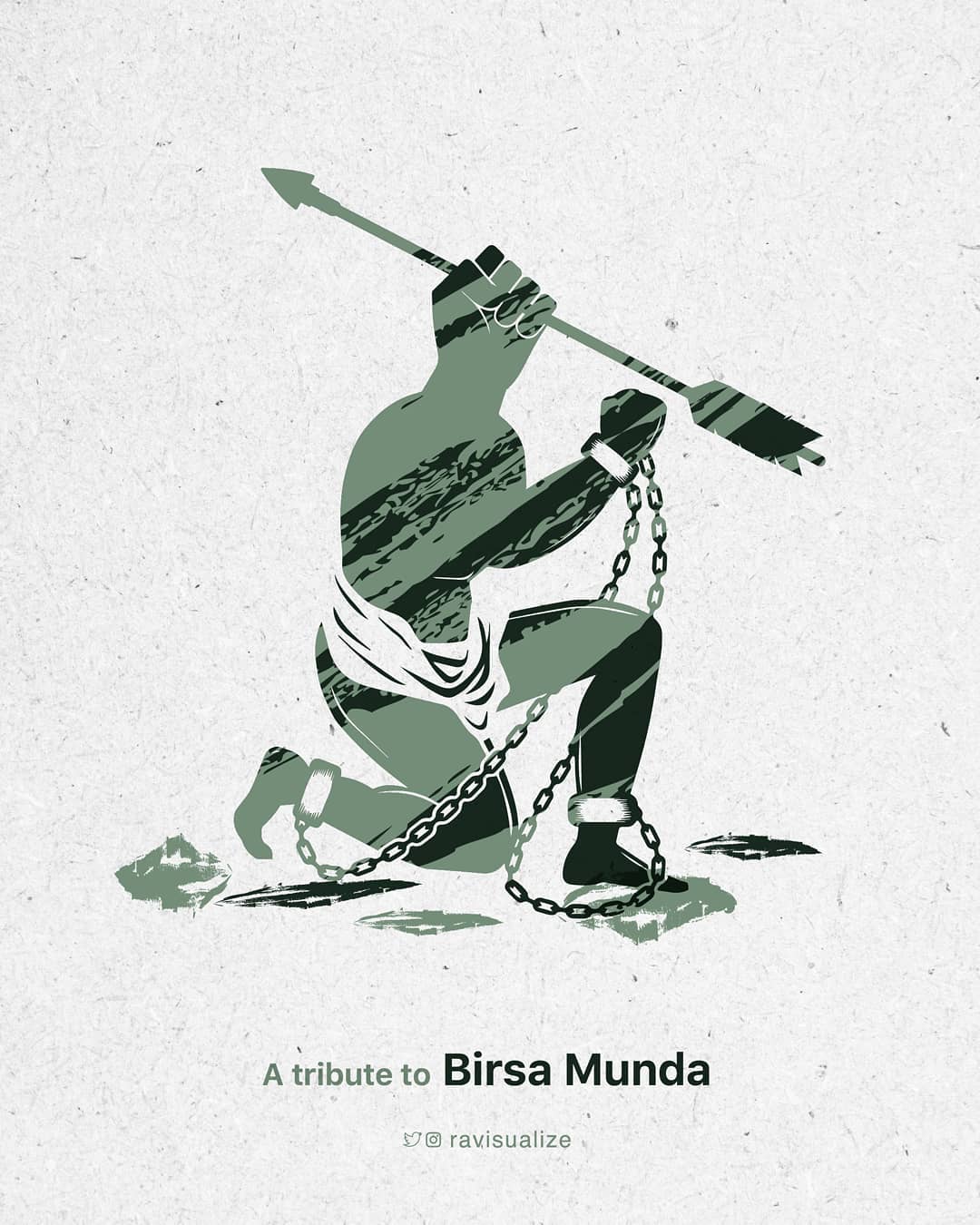 Birsa Munda breaks free from chains while raising an arrow above his head