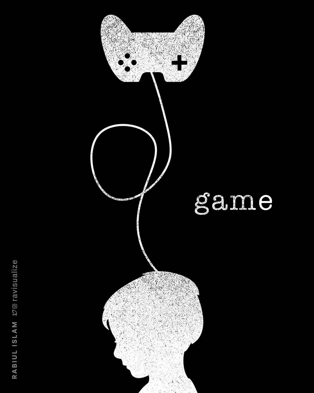 A child is connected to a video game controller by a looping cable