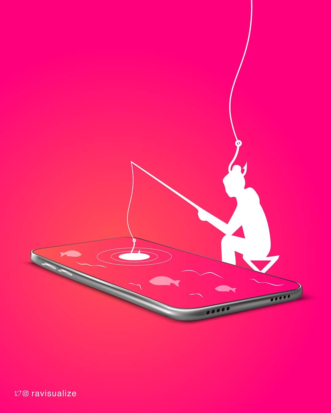 A figure fishes from a smartphone while being caught by a second hook from above