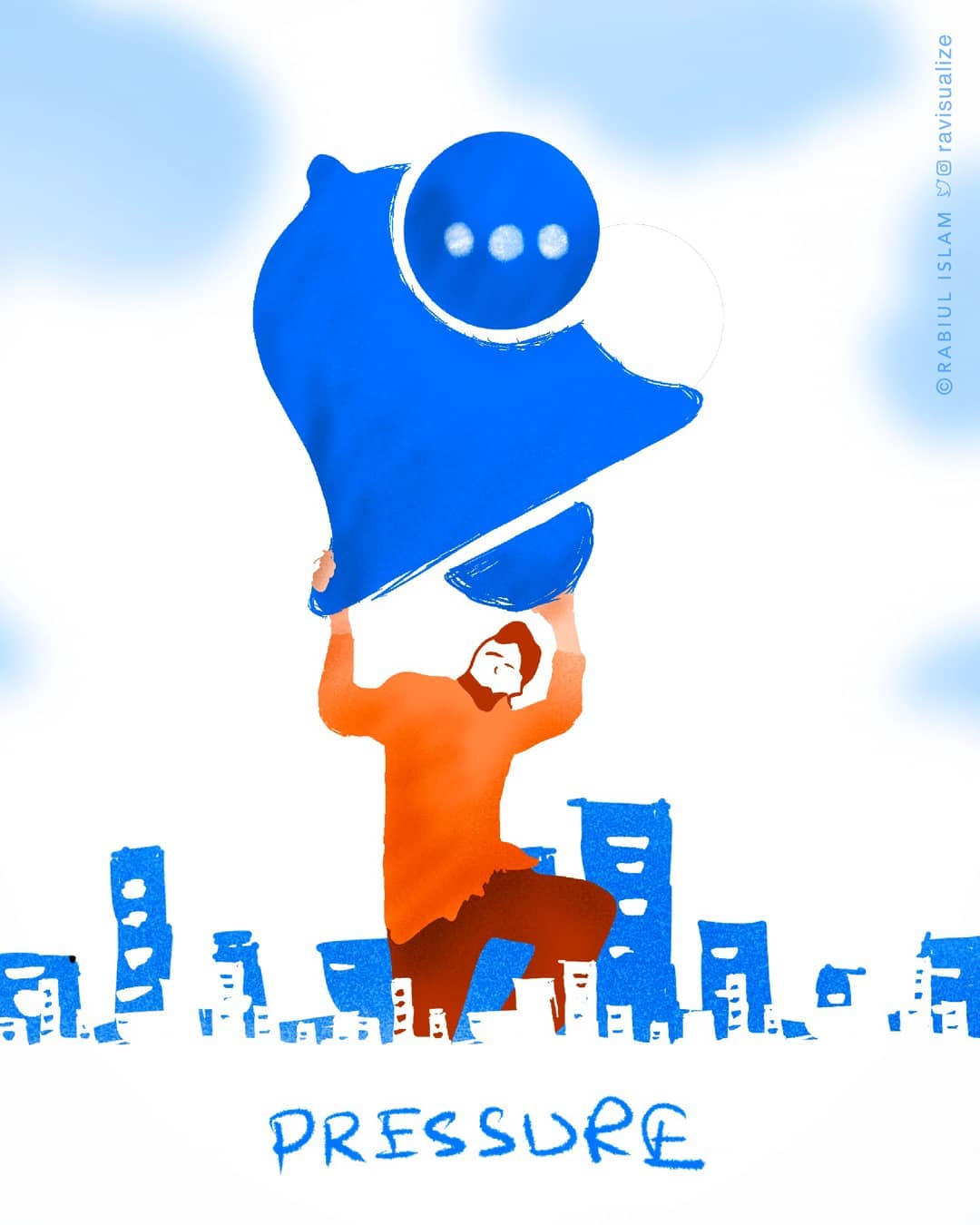 A person holds up an oversized notification bell above a city skyline