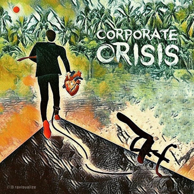 A suited figure carrying a heart walks away from a fallen corporate body