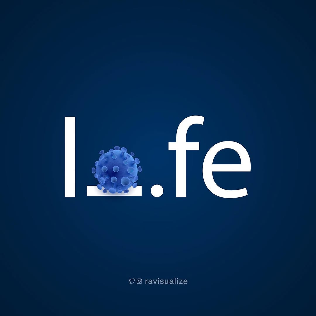 The word life with a coronavirus particle replacing the letter i