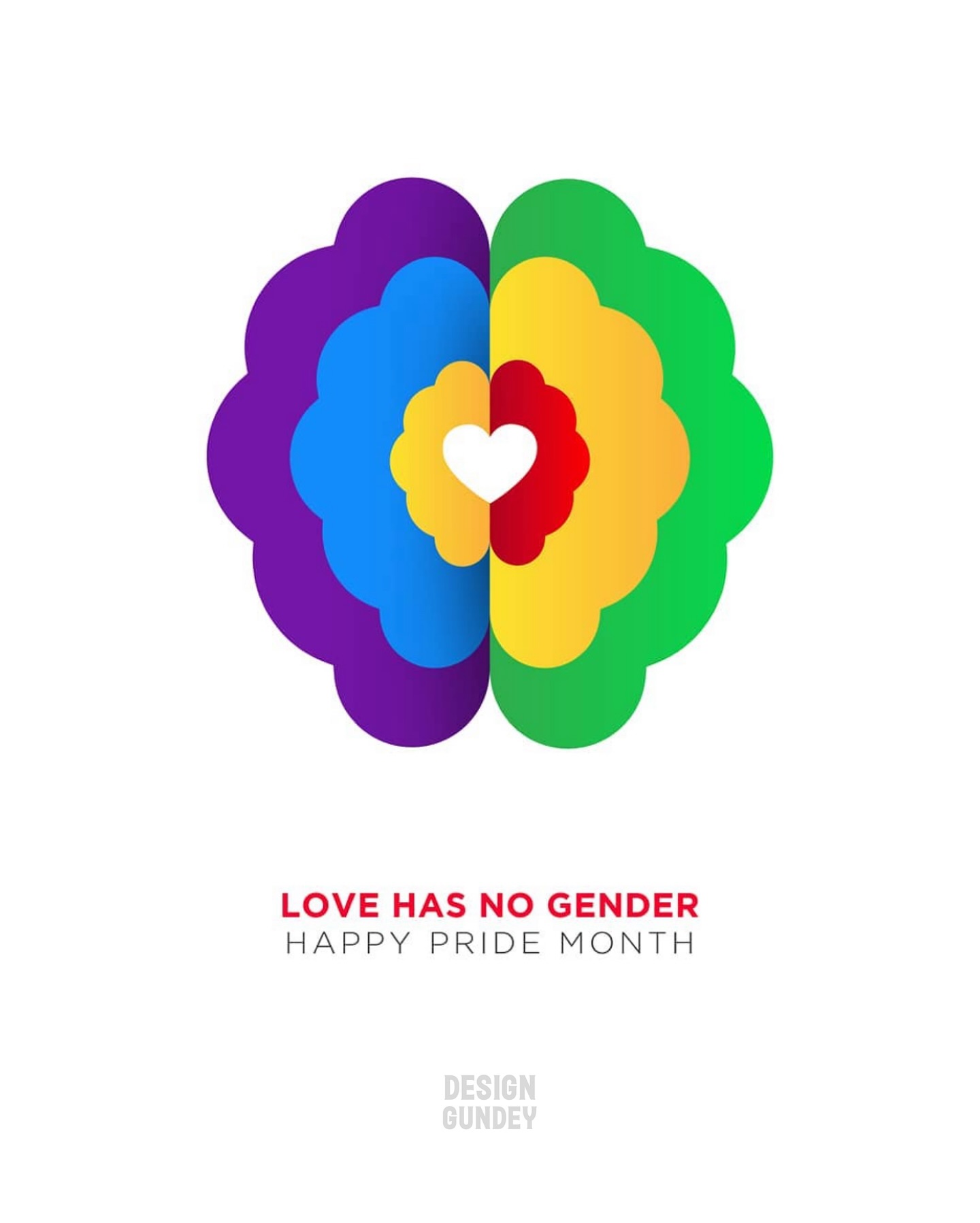 Rainbow-coloured mirrored forms around a heart with the message Love has no gender