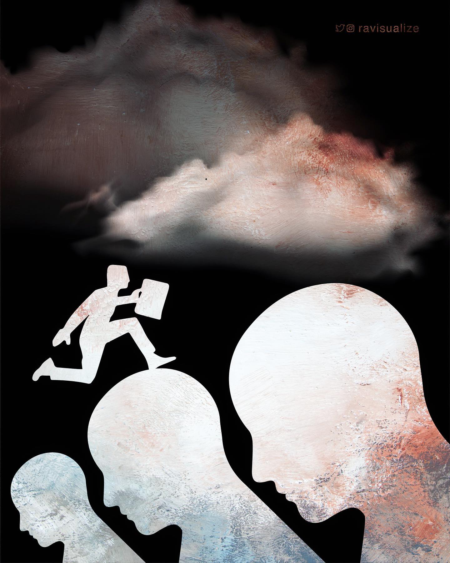 A runner carrying a suitcase moves across three abstract heads beneath a dark cloud